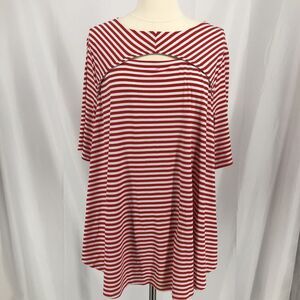 Chicos Red White Striped 3/4 Sleeve Key Hole Neck Top Size 3 (XL)